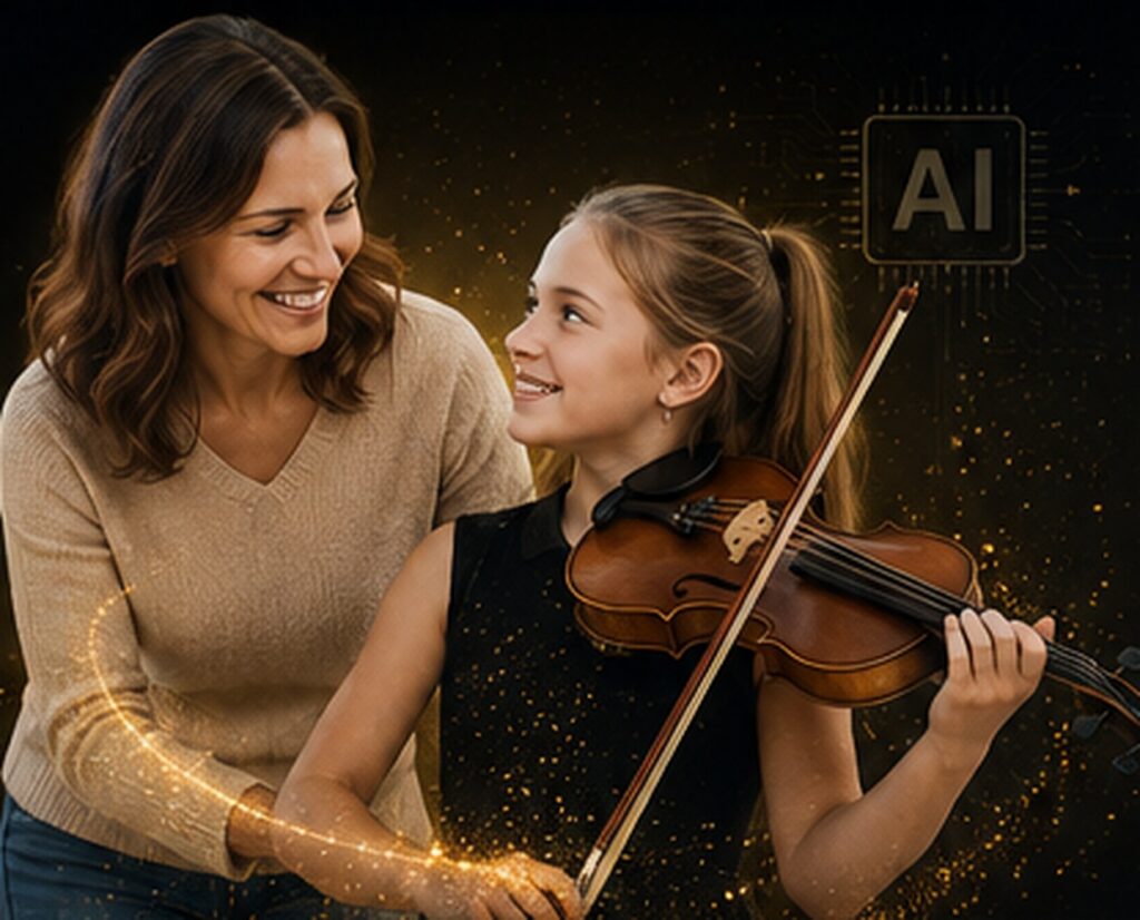 Online talent competition – young violinist with her mother