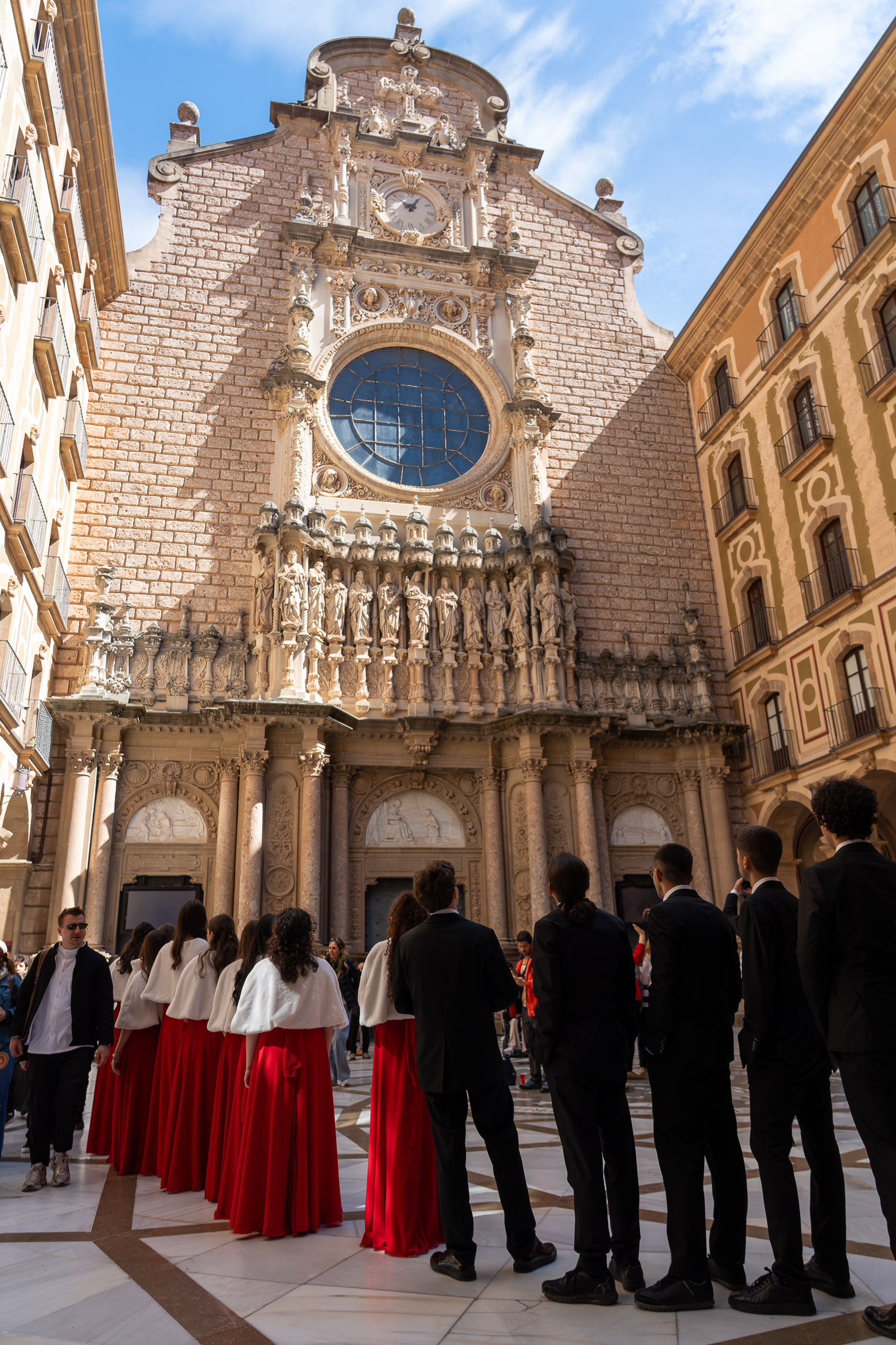 Choir members outside the Montserrat basilica during Golden Voices of Montserrat, archive 2026.