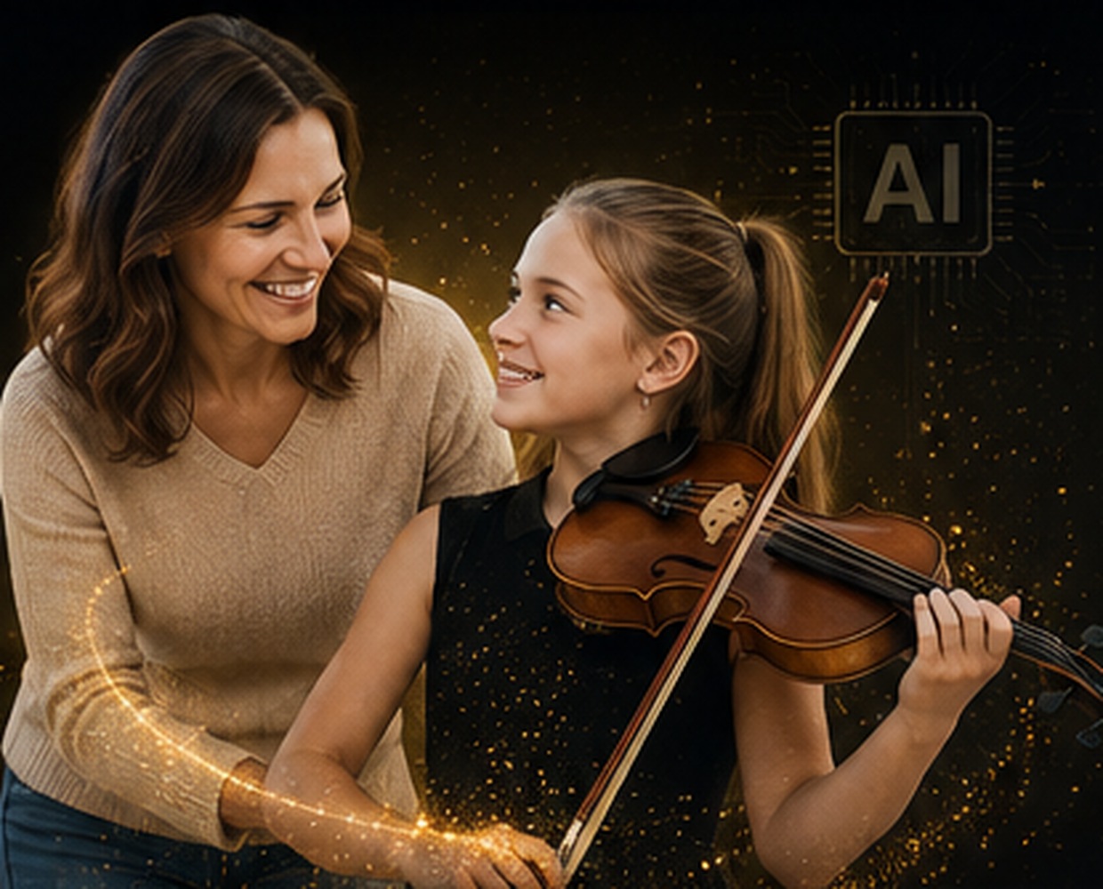 Online talent competition – young violinist with her mother